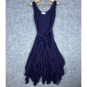 Vintage Sara Mique New York Dress Womens Navy Blue Ruffle Hem Boho Flowy Belted